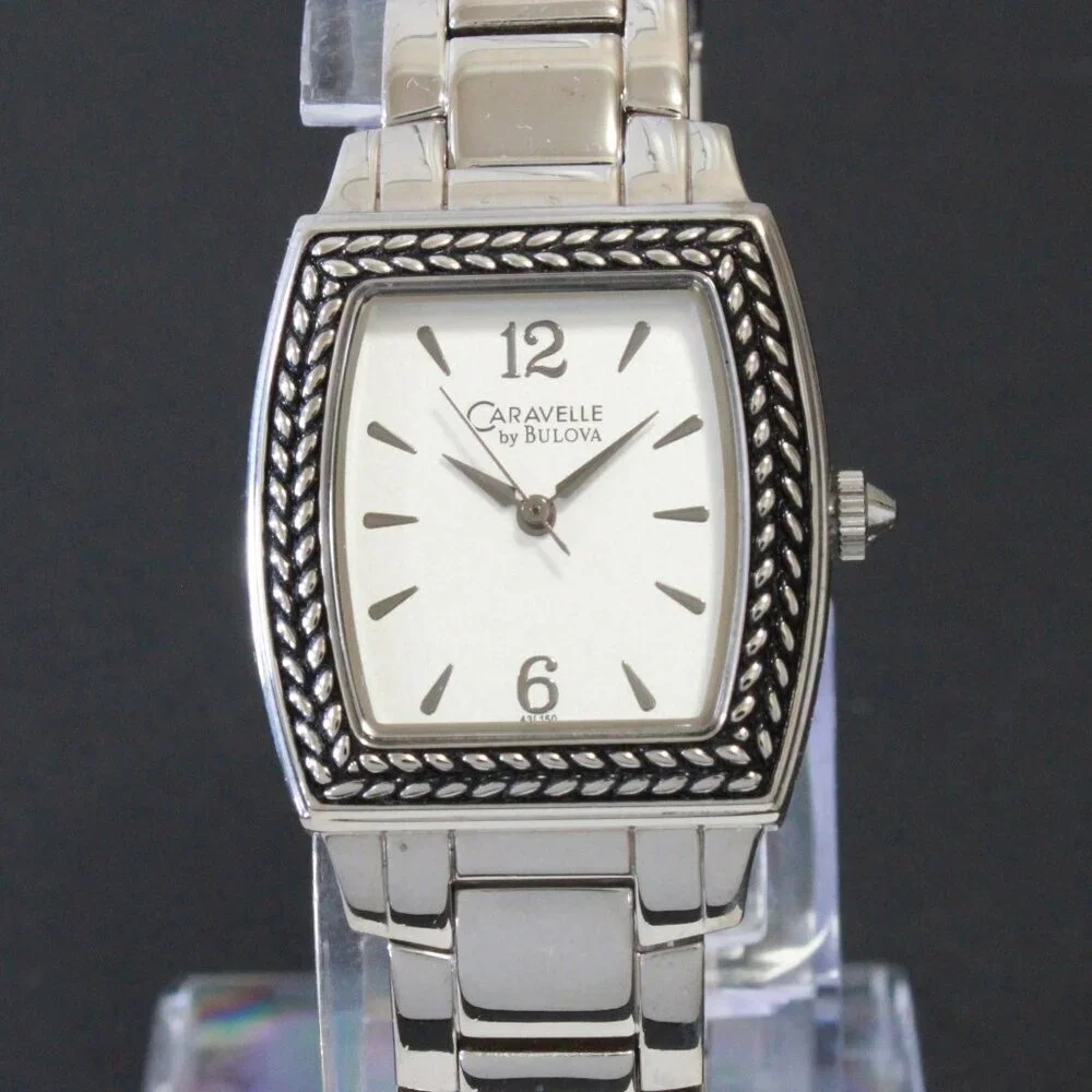 Caravelle Ladies Tonneau Style Quartz Watch By Bulova Silver Tone 26mm x 37.5mm